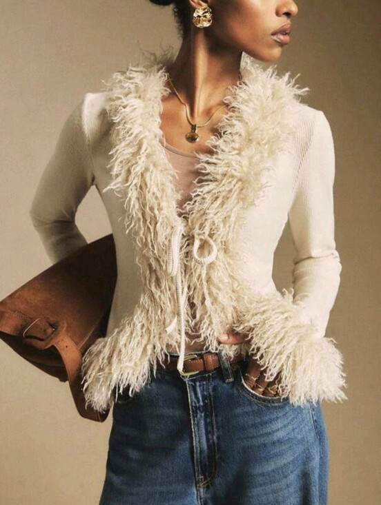 Sweaters - Women's Off-White Plush Trim Tie-Placket Elegant Blouse,Autumn Brunch Long